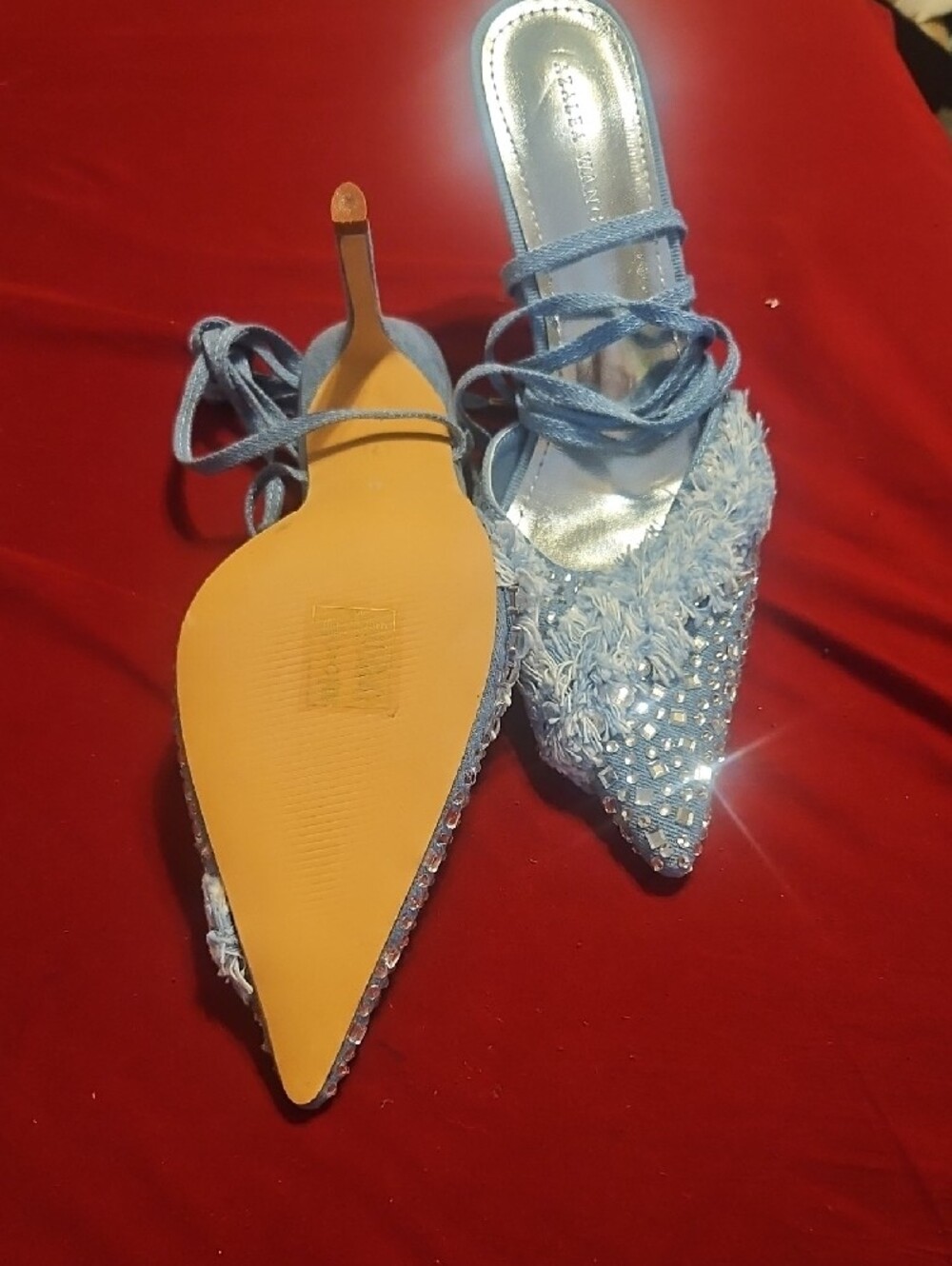 Light Blue Embellished Pointed-Toe Lace-Up Mules - Picture 4 of 4